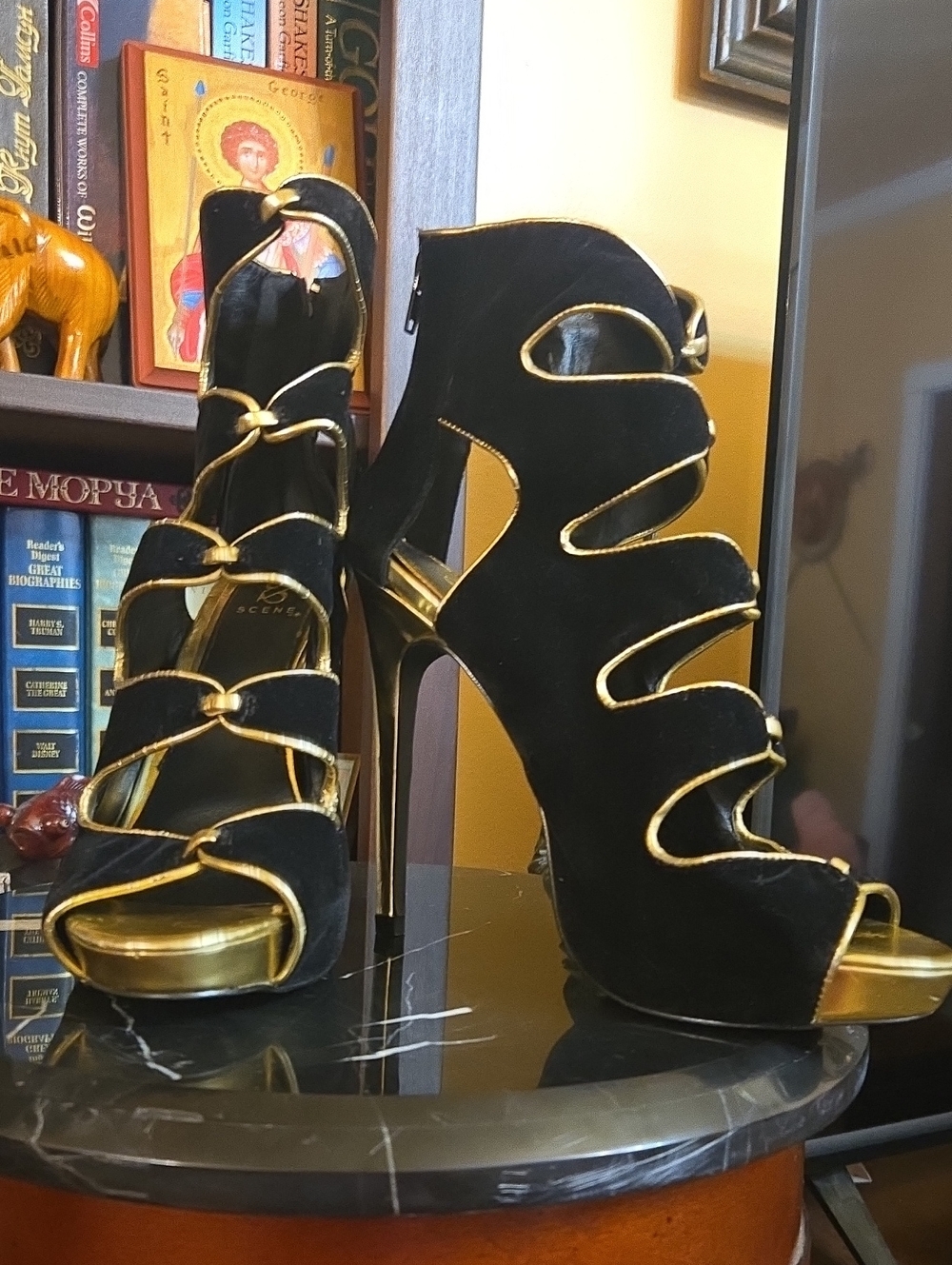 Black Velvet & Gold Jamari Scene High Heel Cutout Peep Toe Bootie